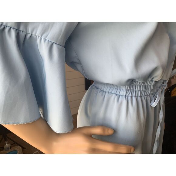 SHEIN Light Blue Bell Sleeves V-Neck Elastic Waist Tie Jumpsuit Size S - Picture 7 of 15
